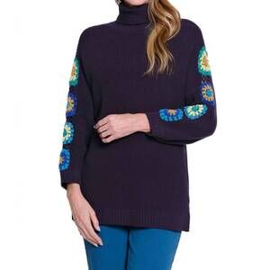 NEW MULTIPLES mock neck crochet sleeve sweater in midnight